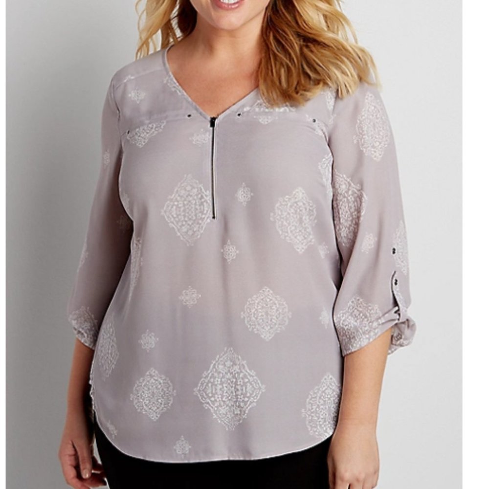 Maurices patterned blouse with zipper v-neck